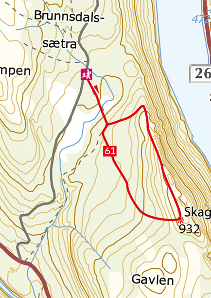Map of hiking trail 61 Skagsvola